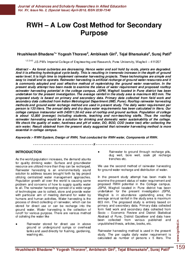 (PDF) Rwh – a Low Cost Method For Secondary Purpose