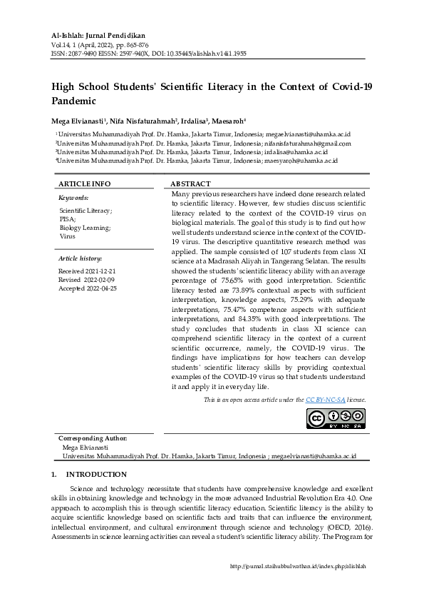 (PDF) High School Students' Scientific Literacy in the Context of Covid ...