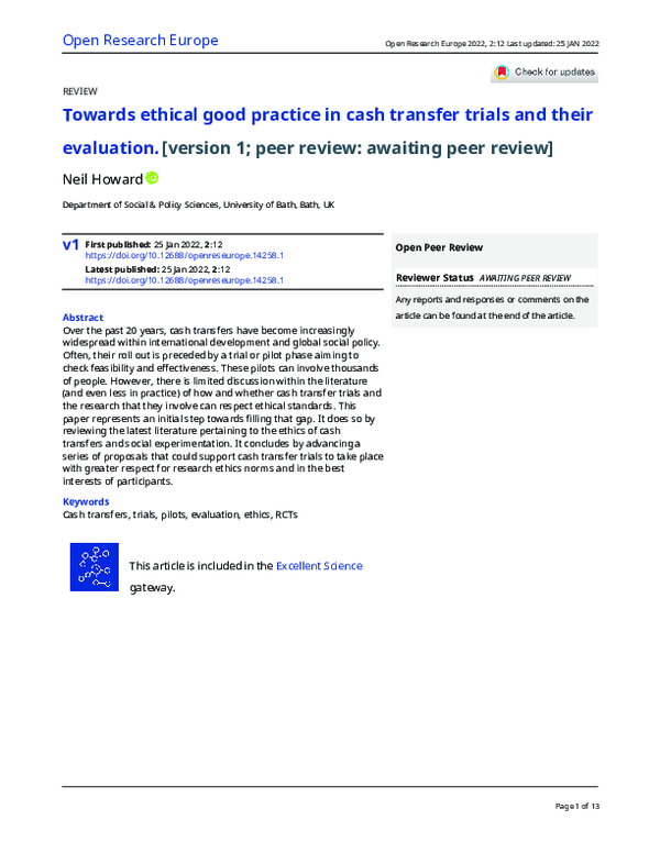 (PDF) Towards ethical good practice in cash transfer trials and their ...