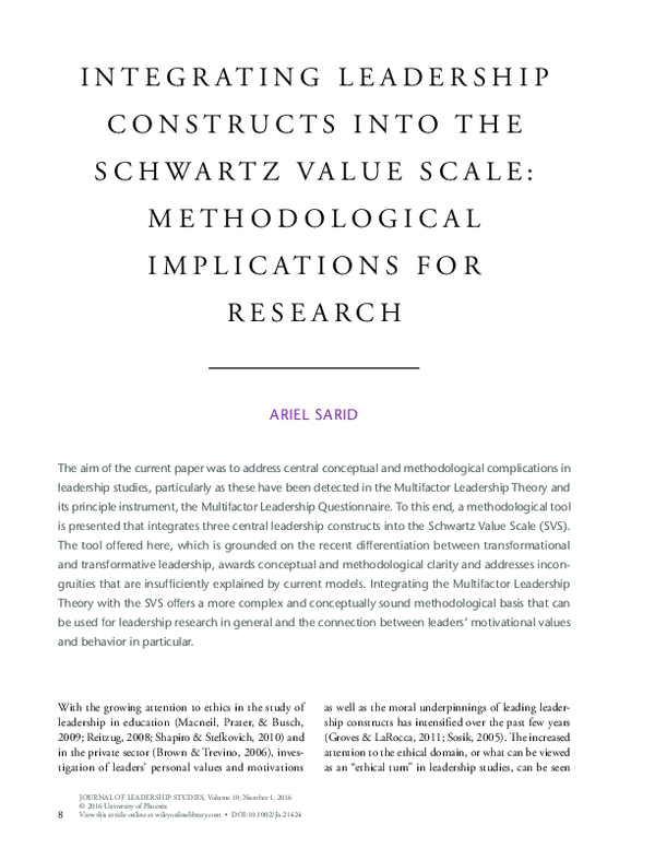 (PDF) Integrating Leadership Constructs Into the Schwartz Value Scale ...