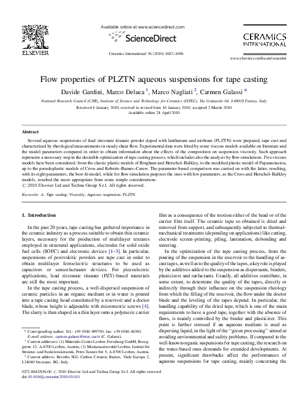 (PDF) Flow properties of PLZTN aqueous suspensions for tape casting