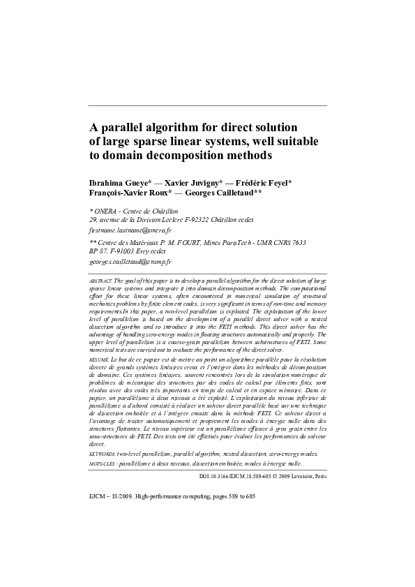 (PDF) A parallel algorithm for direct solution of large sparse linear ...