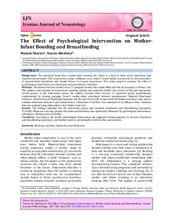 (PDF) The Effect of Psychological Intervention on Mother-Infant Bonding ...