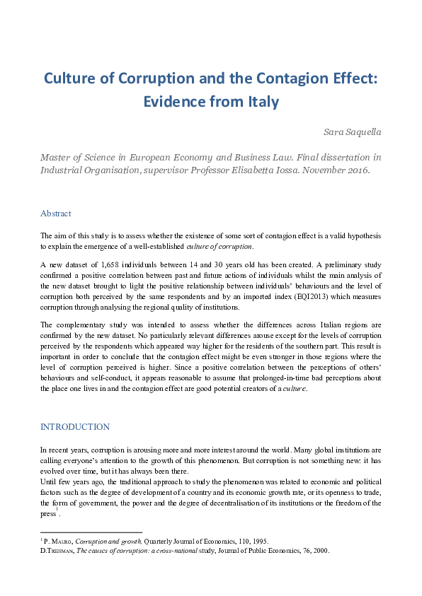 (PDF) Culture of Corruption and the Contagion Effect: Evidence from Italy