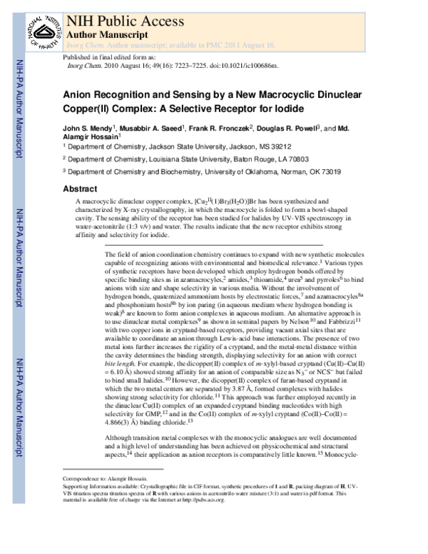 (PDF) Anion Recognition and Sensing by a New Macrocyclic Dinuclear ...