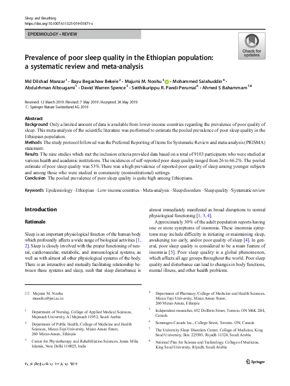 (PDF) Prevalence of poor sleep quality in the Ethiopian population: a ...