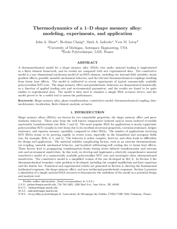 (PDF) Thermodynamics of a 1D shape memory alloy: modeling, experiments ...