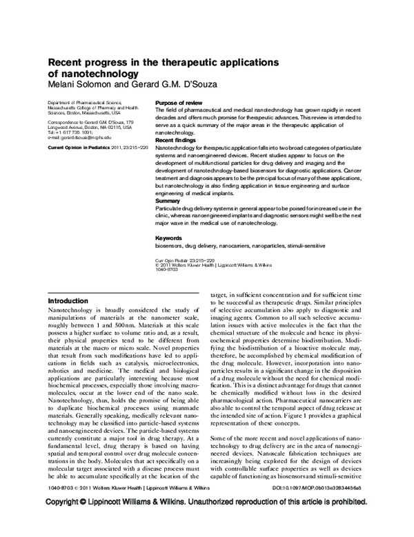 (PDF) Recent progress in the therapeutic applications of nanotechnology