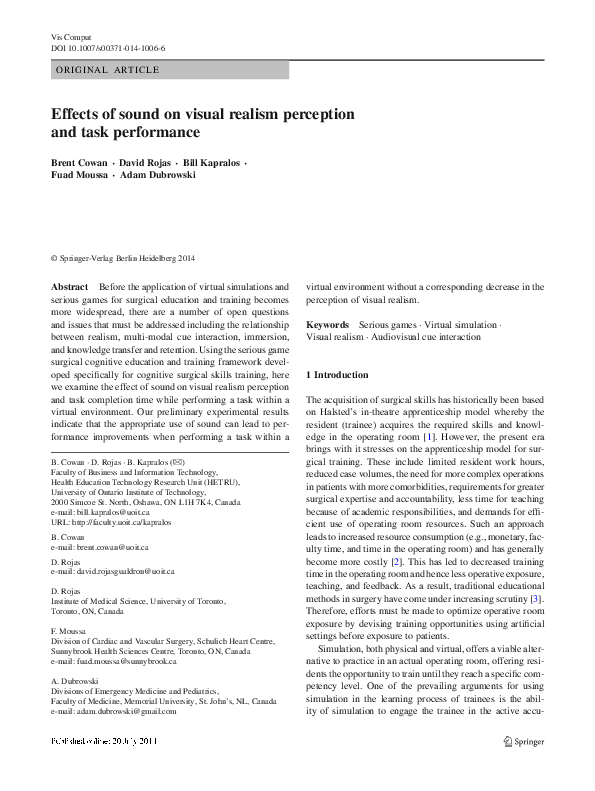(PDF) Effects of sound on visual realism perception and task performance