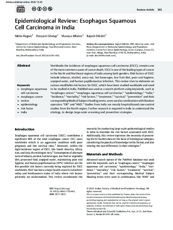 (PDF) Epidemiological Review: Esophagus Squamous Cell Carcinoma in India