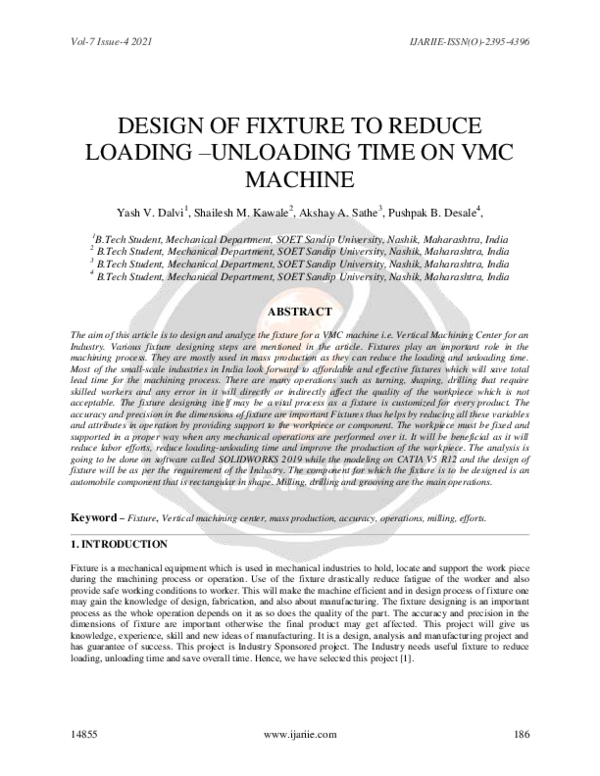 (PDF) Design of Fixture to Reduce Loading –Unloading Time on VMC Machine