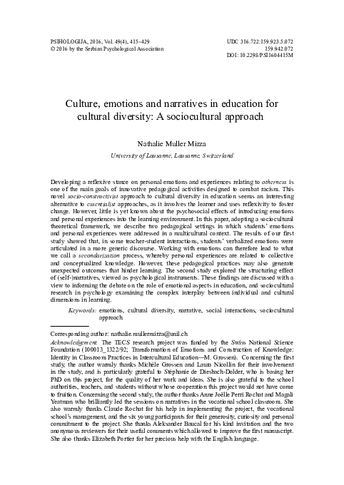 (PDF) Culture, emotions and narratives in education for cultural ...