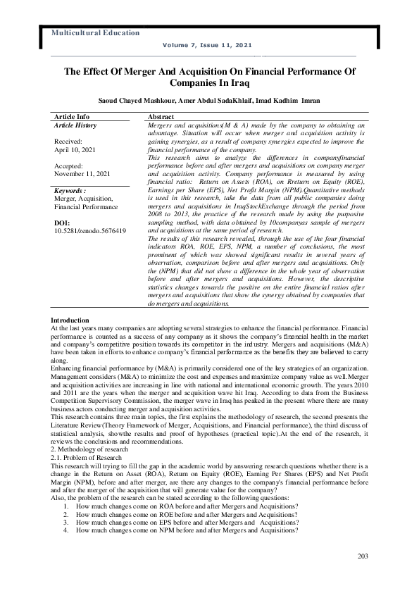(PDF) The Effect Of Merger And Acquisition On Financial Performance Of ...