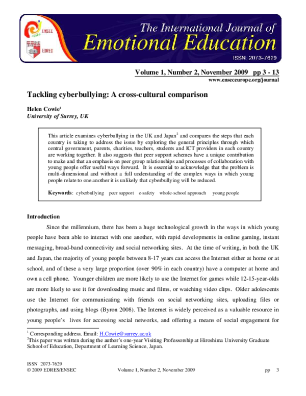 (PDF) Tackling cyberbullying: A cross cultural comparison