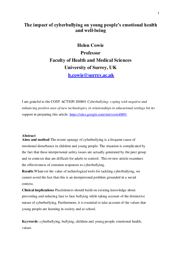 (PDF) The impact of cyberbullying on young people’s emotional health ...