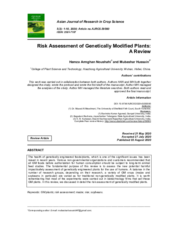(PDF) Risk Assessment of Genetically Modified Plants: A Review