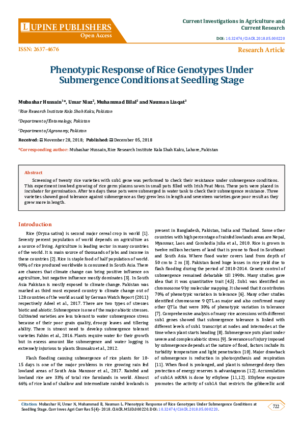 (PDF) Phenotypic Response of Rice Genotypes Under Submergence ...