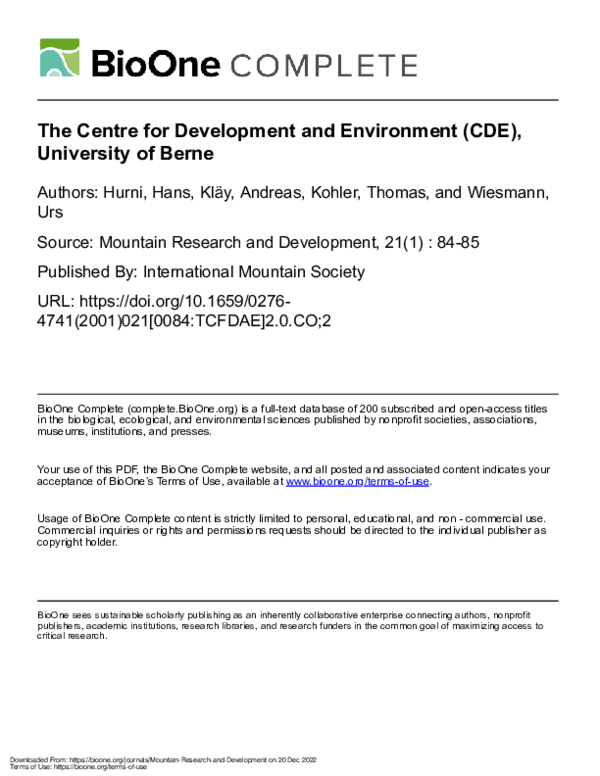 (PDF) The Centre for Development and Environment (CDE), University of Berne