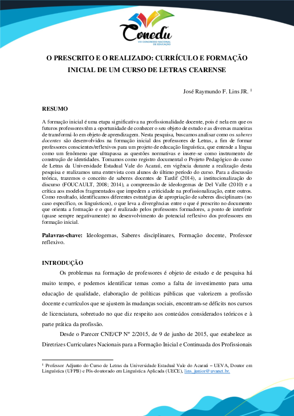 (PDF) O PRESCRITO E O REALIZADO: CURRÍCULO E FORMAÇÃO INICIAL DE UM ...