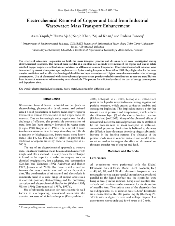 (PDF) Electrochemical Removal of Copper and Lead from Industrial ...