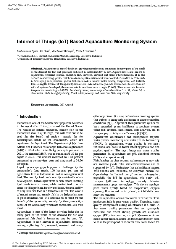 (PDF) Internet of Things (IoT) Based Aquaculture Monitoring System