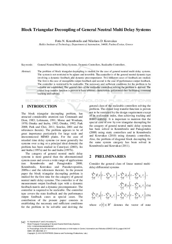 (PDF) Block Triangular Decoupling of General Neutral Multi Delay Systems