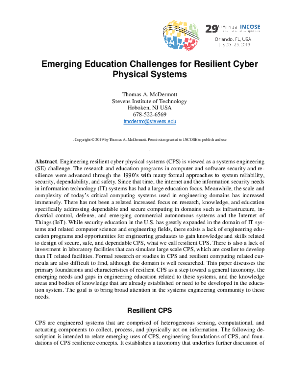 (PDF) Emerging Education Challenges for Resilient Cyber Physical Systems