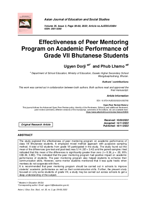 (PDF) Effectiveness of Peer Mentoring Program on Academic Performance ...