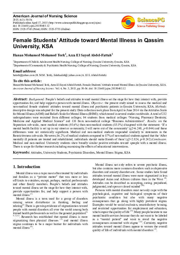 (PDF) Female Students’ Attitude toward Mental Illness in Qassim ...