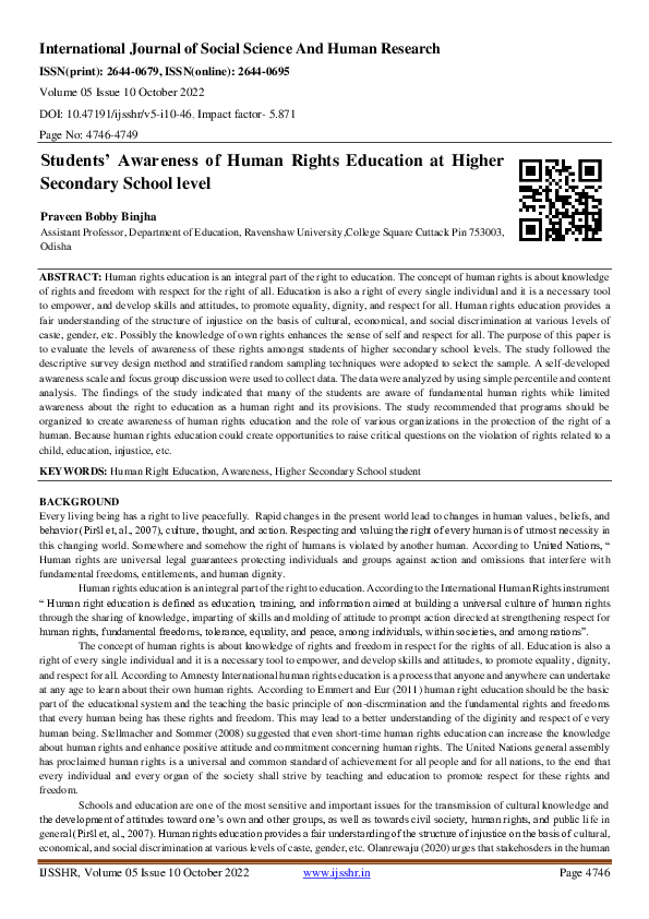 (PDF) Students’ Awareness of Human Rights Education at Higher Secondary ...