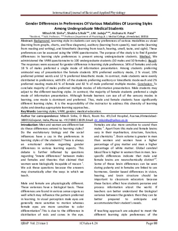 (PDF) Gender Differences In Preferences Of Various Modalities Of ...