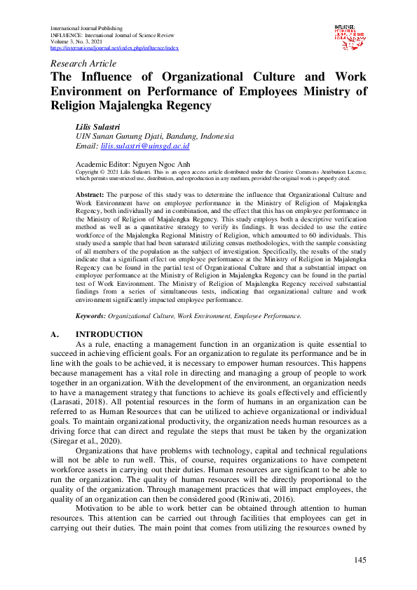 (PDF) The Influence of Organizational Culture and Work Environment on ...