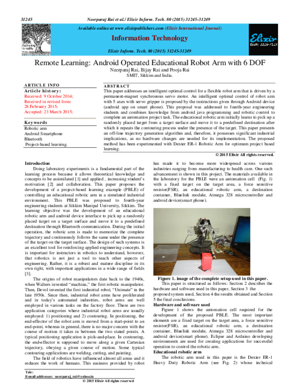 (PDF) Remote Learning: Android Operated Educational Robot Arm with 6 Dof