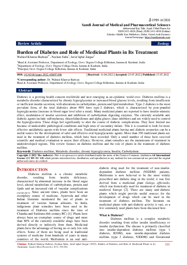 (PDF) Burden of Diabetes and Role of Medicinal Plants in Its Treatment