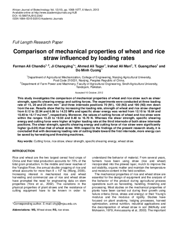 (PDF) Comparison of mechanical properties of wheat and rice straw ...
