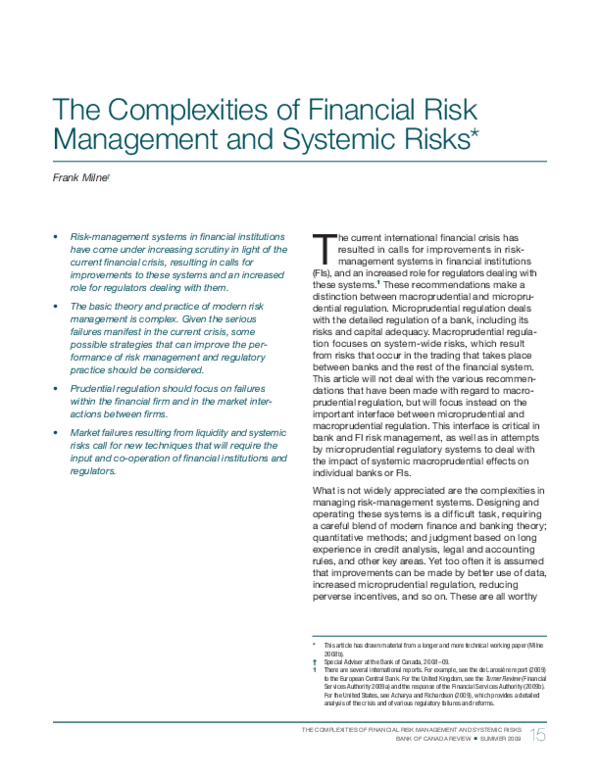 (PDF) The Complexities of Financial Risk Management and Systemic Risks
