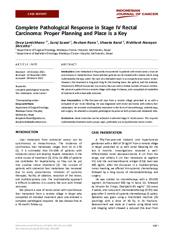 (PDF) Complete Pathological Response in Stage IV Rectal Carcinoma ...