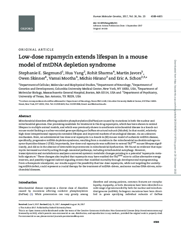 (PDF) Low-dose rapamycin extends lifespan in a mouse model of mtDNA ...