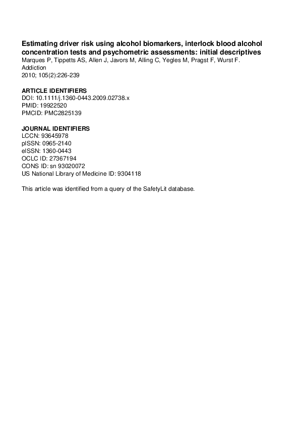 (PDF) Estimating driver risk using alcohol biomarkers, interlock blood ...