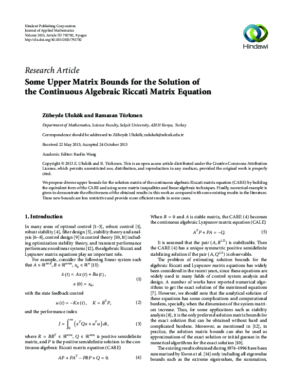 (PDF) Some Upper Matrix Bounds for the Solution of the Continuous ...
