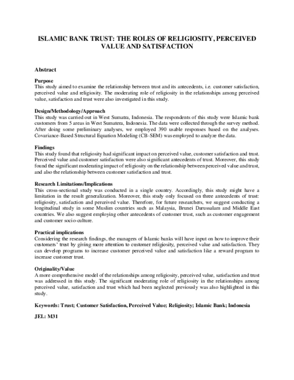 (PDF) Islamic bank trust: the roles of religiosity, perceived value and ...