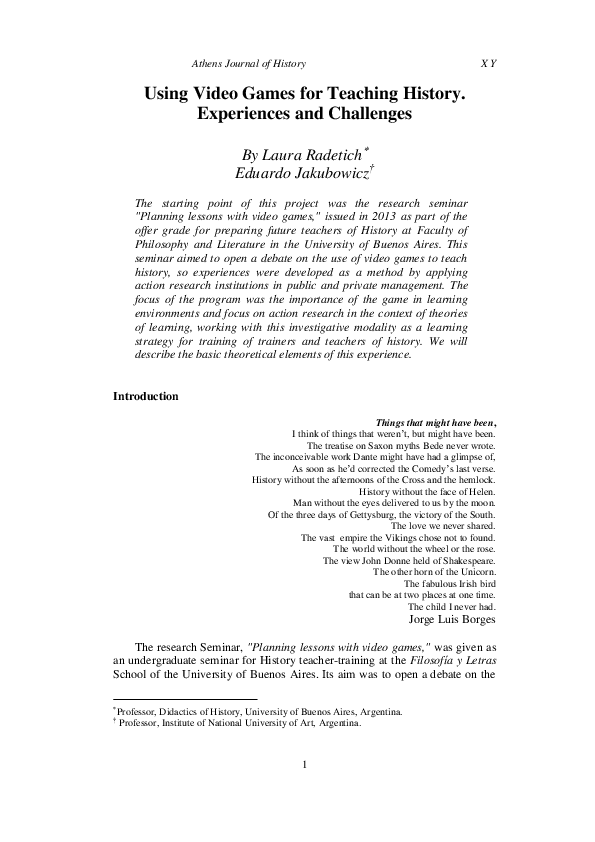 (PDF) Using Video Games for Teaching History. Experiences and