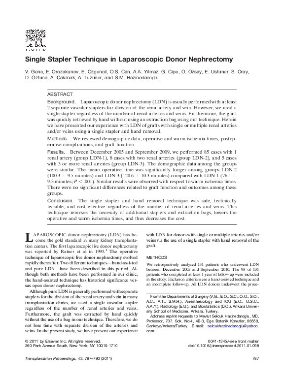 (PDF) Single Stapler Technique in Laparoscopic Donor Nephrectomy