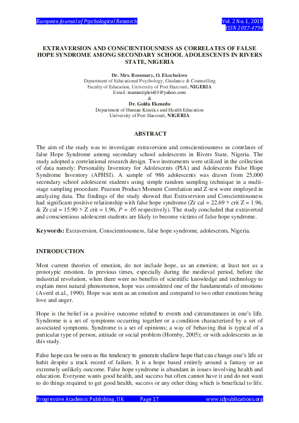 (PDF) Extraversion and Conscientiousness as Correlates of False Hope ...