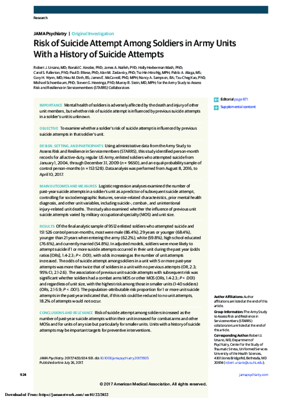 (PDF) Risk of Suicide Attempt Among Soldiers in Army Units With a ...