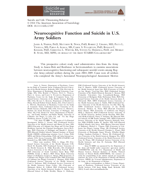 (PDF) Neurocognitive Function and Suicide in U.S. Army Soldiers