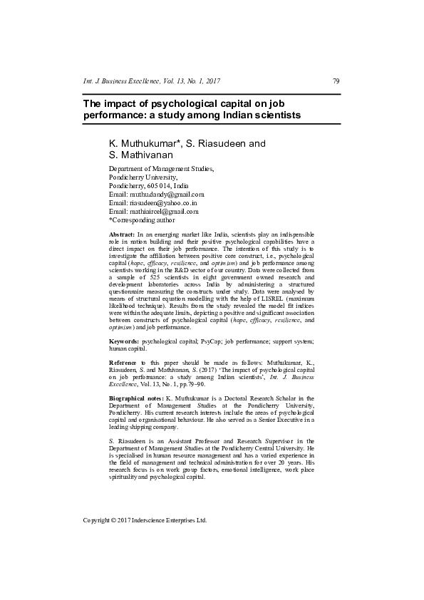(PDF) The impact of psychological capital on job performance: a study ...