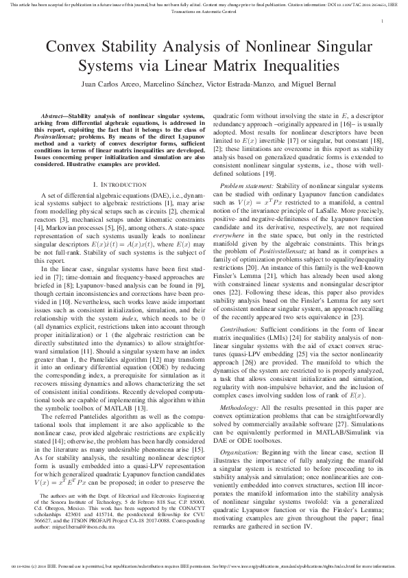 (PDF) Convex Stability Analysis of Nonlinear Singular Systems via ...