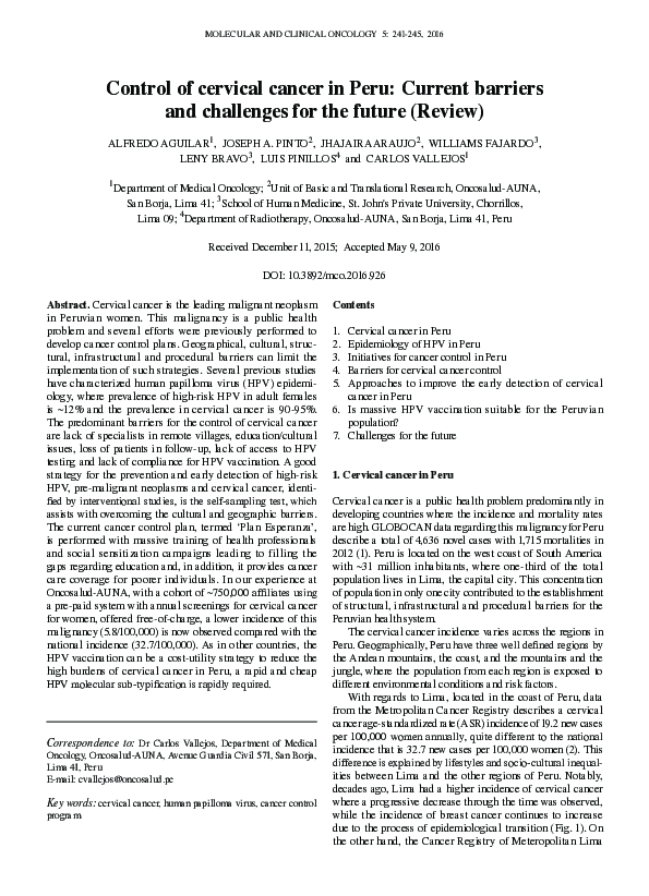 (PDF) Control of cervical cancer in Peru: Current barriers and ...