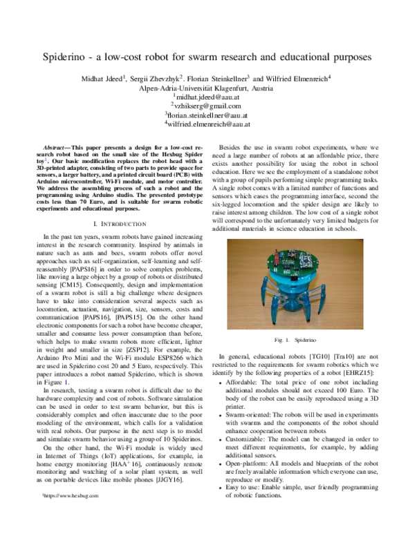 (PDF) Spiderino - A low-cost robot for swarm research and educational ...